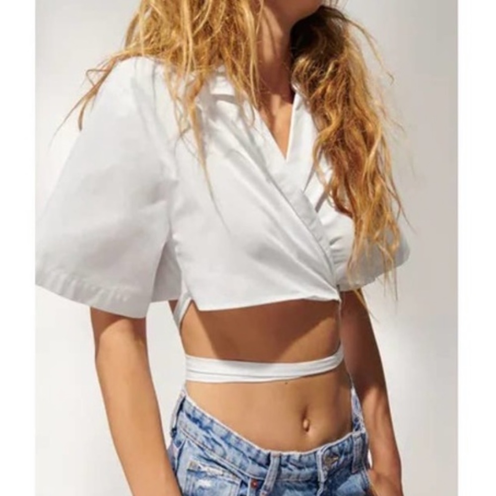 Zara White Crop Top Short Sleeve Collar With Ties